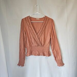 Hem & Thread Women's Pink Long Sleeve Swiss Dot‎ Smocked Waist Peplum Top